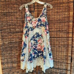 Umgee Navy Floral Lace-Trim Mini Dress
